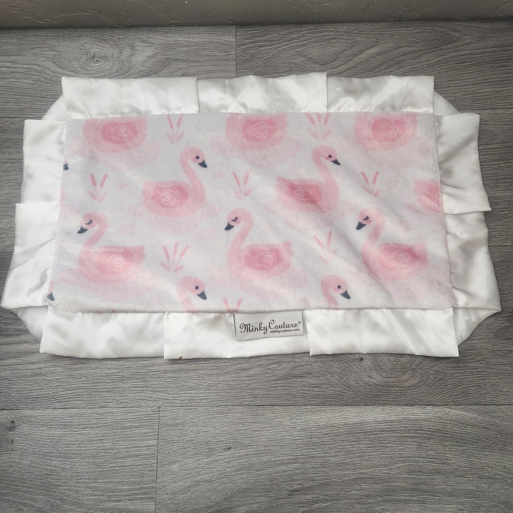 Minky Couture Pink Swan Security Blanket 13x20 Lovey Satin Trim Ruffle Plush